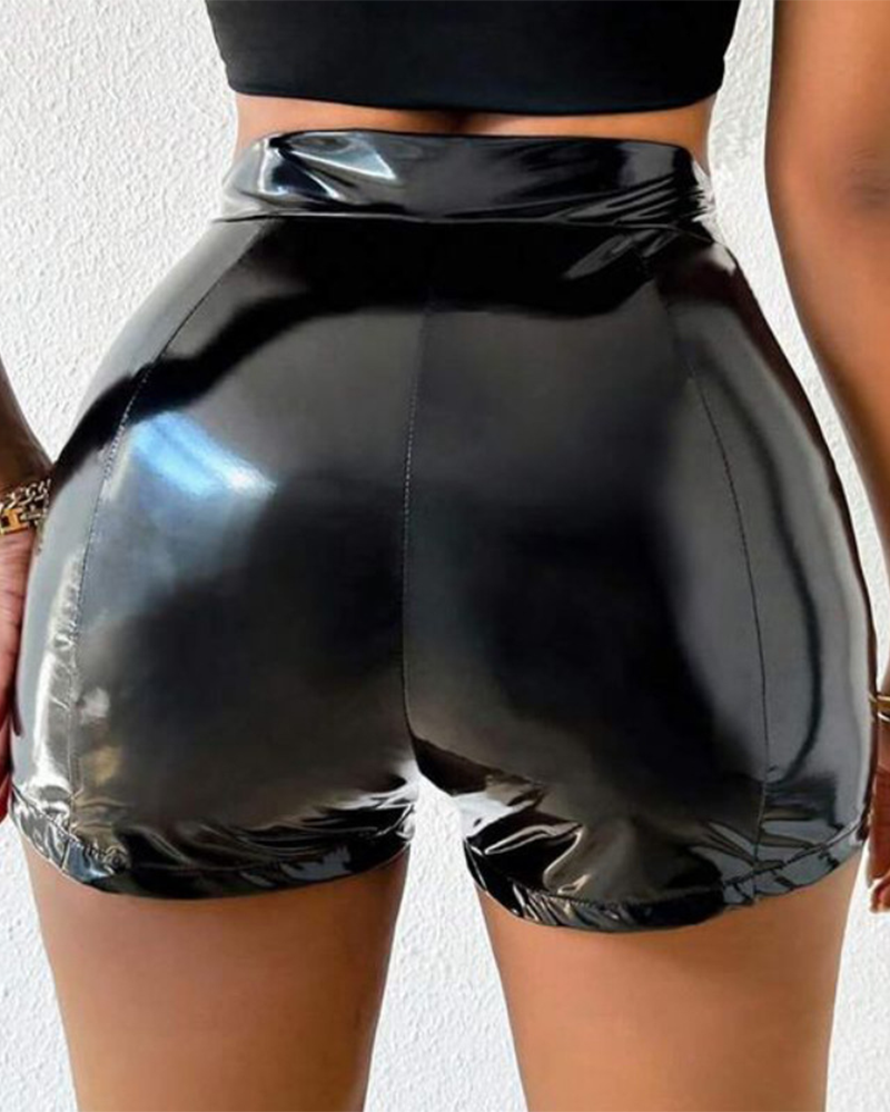 PU High-Waisted Elastic Splicing Shorts