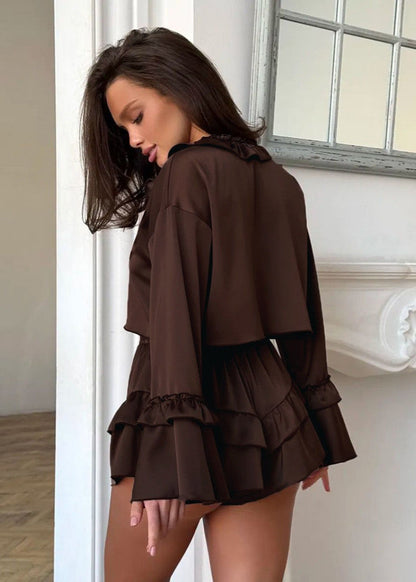 Ruffle Trim Long Sleeve Top and Shorts Set