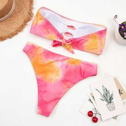 Two-Piece Tropical Colorful High-Waist Tube Top Bikini