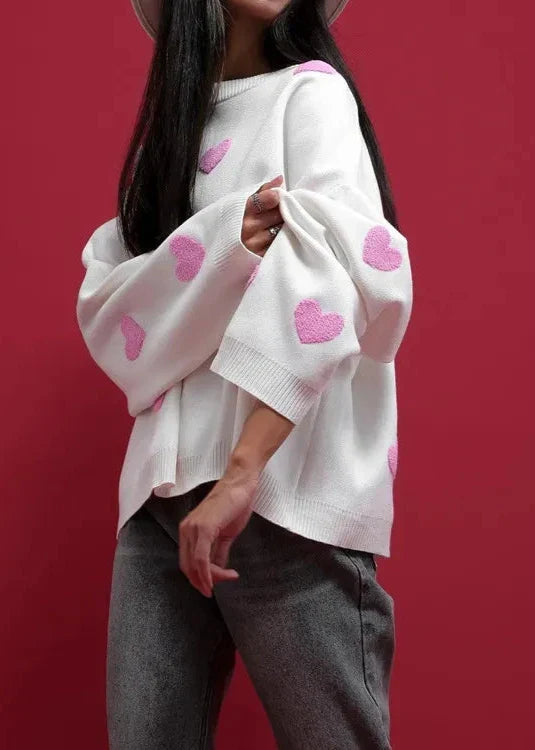 Love-EmbroideRed Heart Sweater - Cozy Women's Knitwear