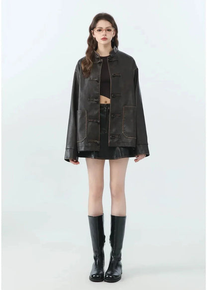 Vintage Loose PU Leather Jacket with Stand Collar