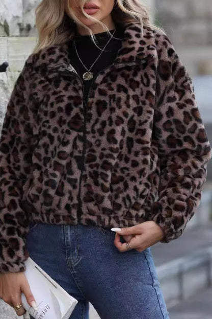 Cozy Leopard Print Zippered Fleece Coat