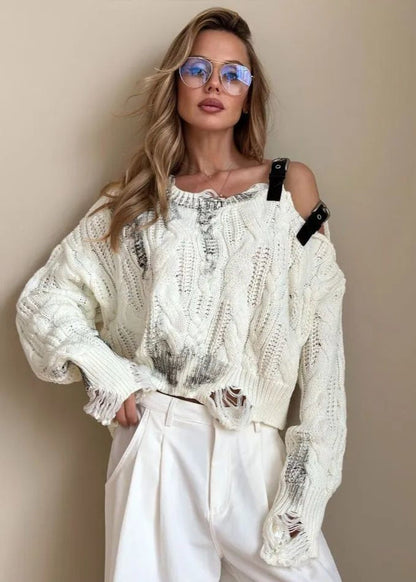 Sloane – Asymmetrical Cable Knit Sweater with Buckle Details