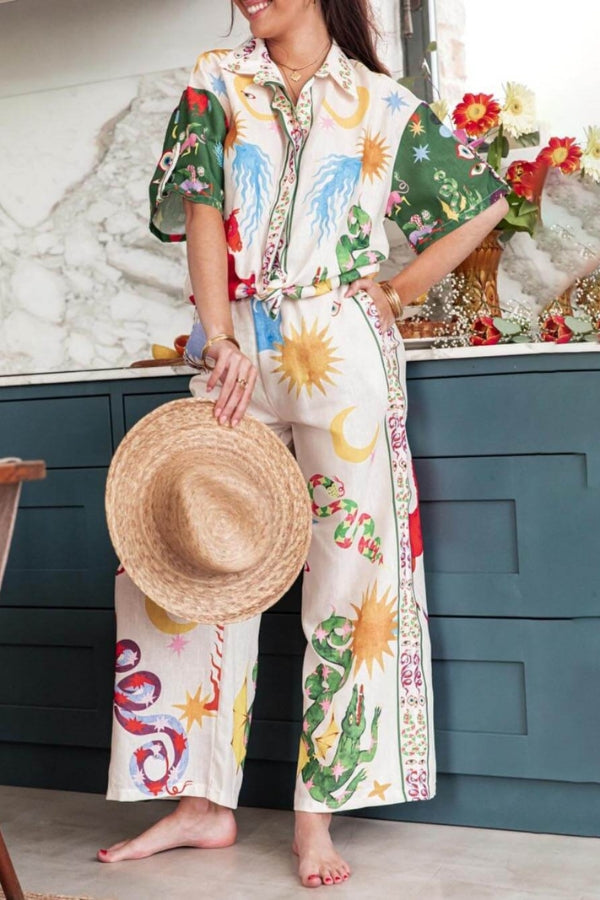 Conjunto de camisa holgada de manga corta y pantalón con cintura elástica con estampado único de belleza bohemia