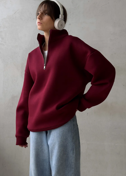 Crimson Chill - Oversized Half-Zip Sweatshirt with High Collar