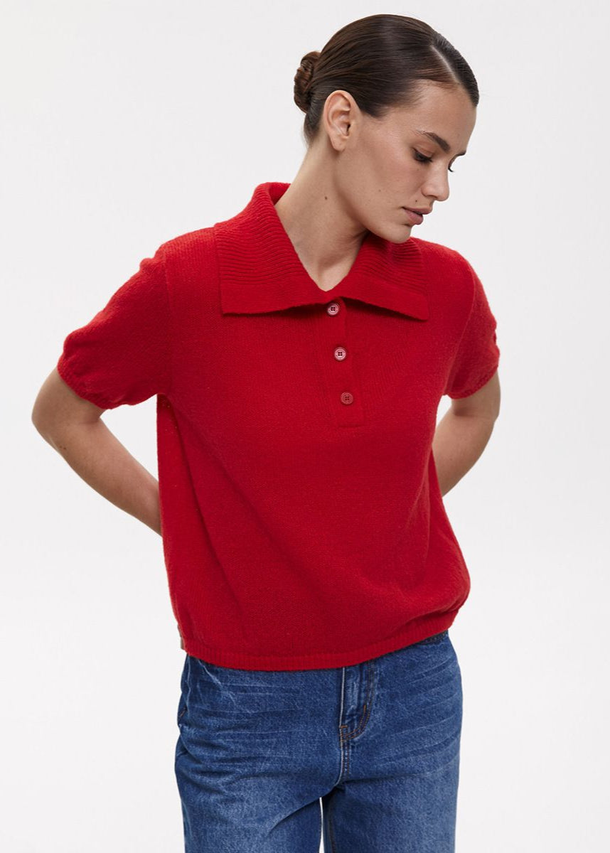 Riviera Knit Polo Shirt – Bold Red Short Sleeve Button Top