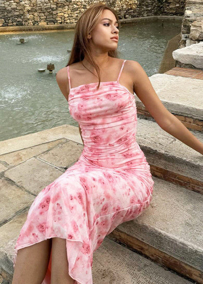 Blush Bloom – Ruched Floral Maxi Dress with Spaghetti Straps