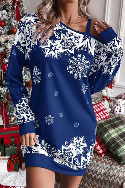 Christmas Snowflake Cold Shoulder Loose Sweatshirt Mini Dress