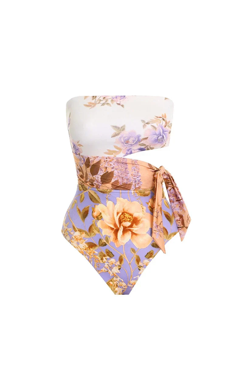Cutout Floral Tie-Waist One-Piece Swimsuit
