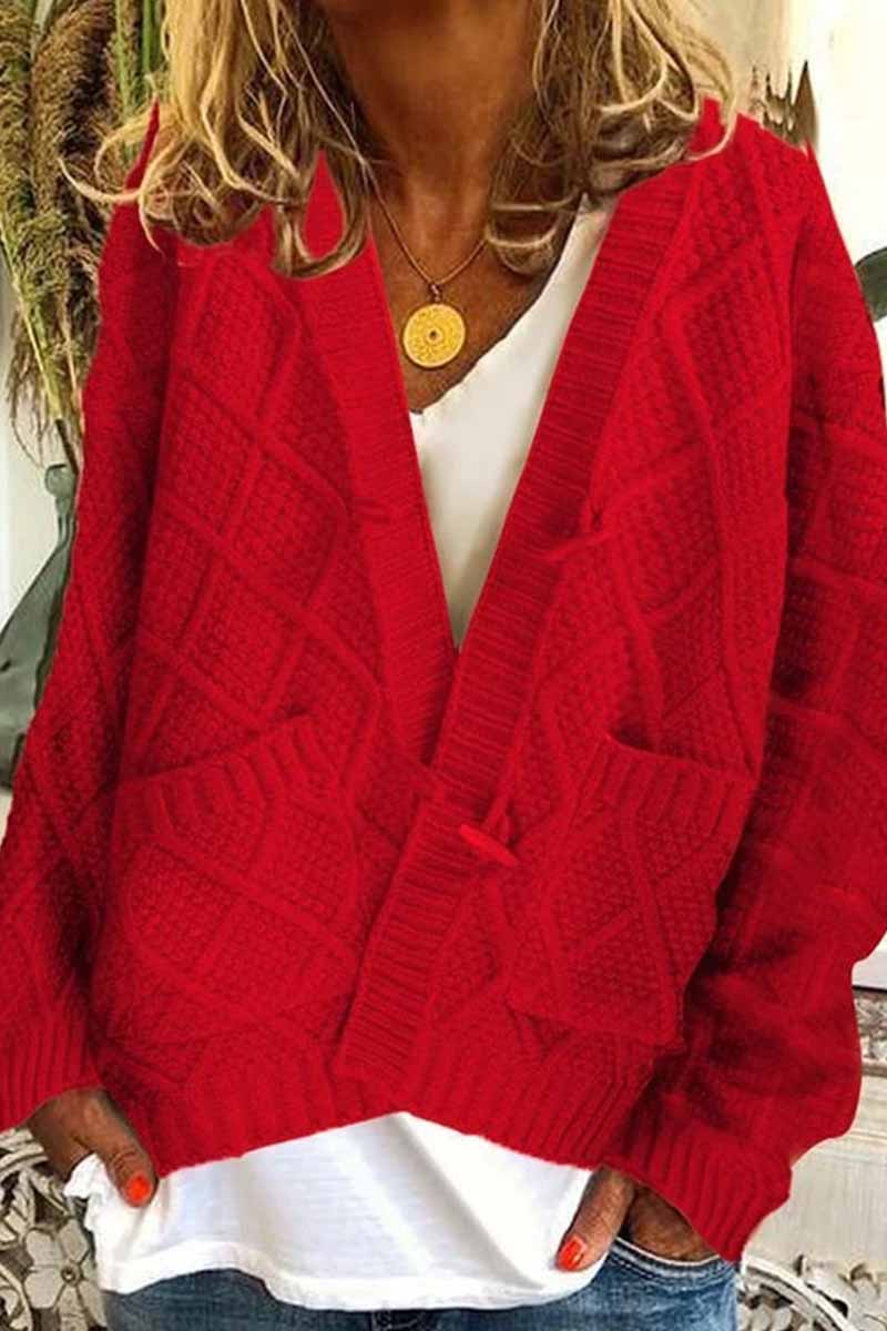 Solid Ribbed Horn Buckle Pockets Cardigan(4 Colors)