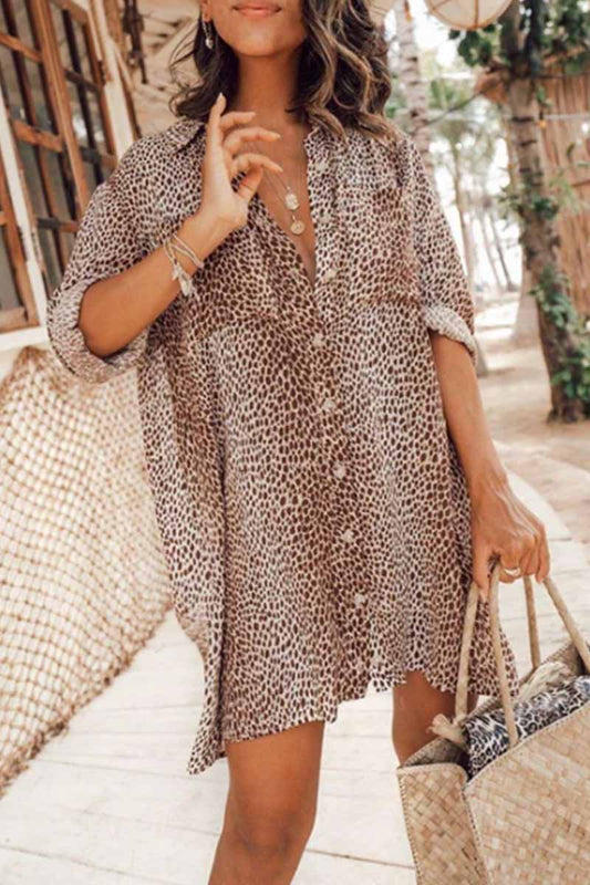 Leopard Print Long Sleeve Shirt Mini Dress(3 Colors)