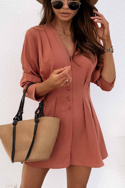 V-neck Button Long Sleeve Mini Dress