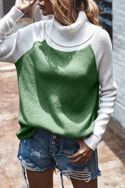 Contrasting High Neck Solid Sweater