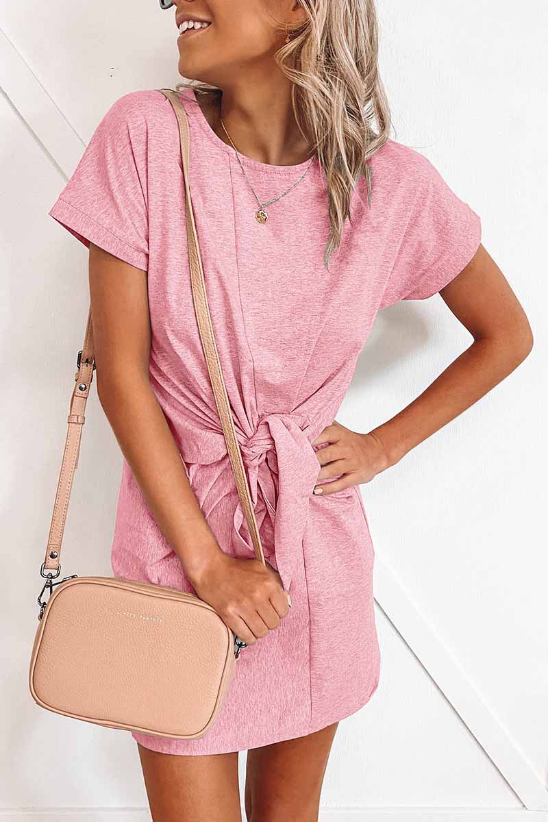 Minivestido de manga corta con lazo suelto en color liso (6 colores)