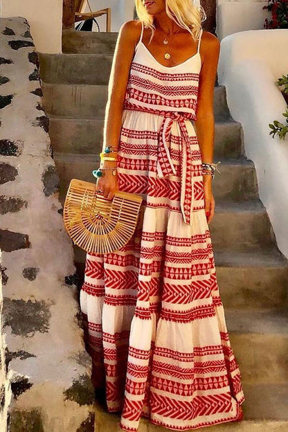 Geometric Printed Loose Ankle Maxi Dress(4 Colors)