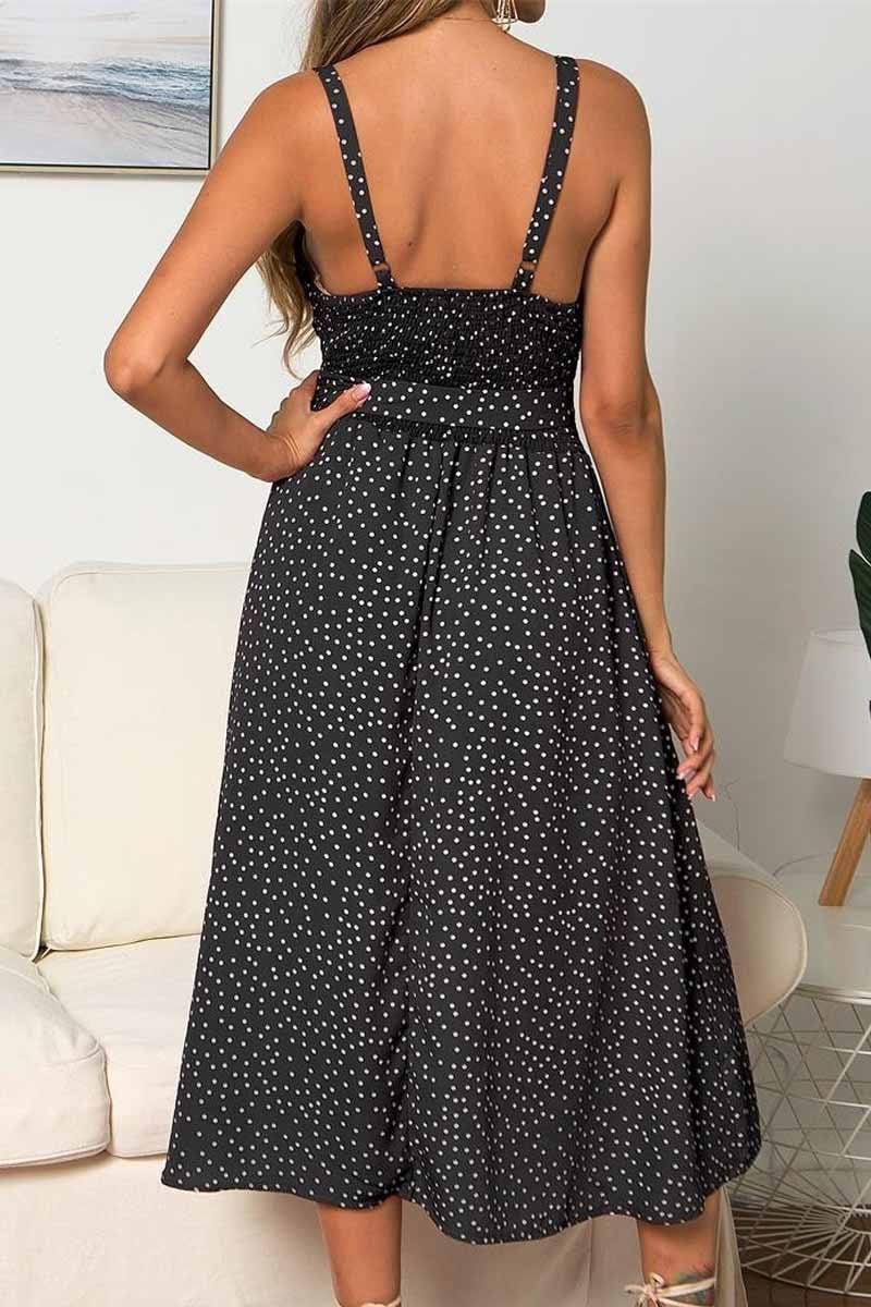 Vestido midi con botones y diseño de lunares y espalda descubierta