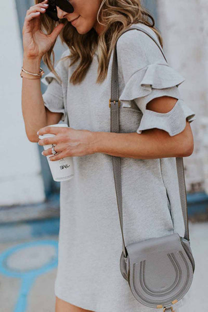 Solid Color O-neck Ruffle Mini Dress