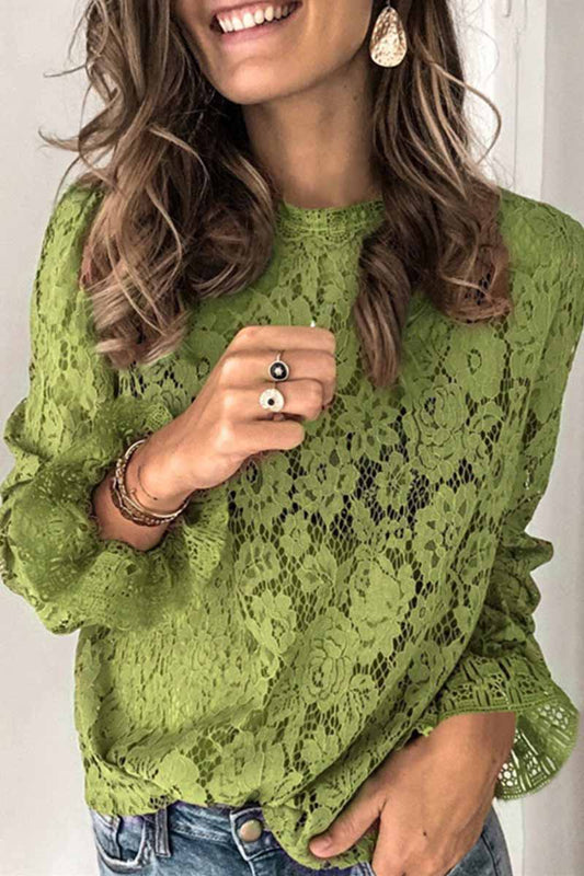 Long Sleeve Openwork Lace Blouse(4 Colors)