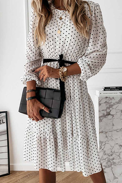 Elegant Dot Print Round Neck Tie Midi Dress