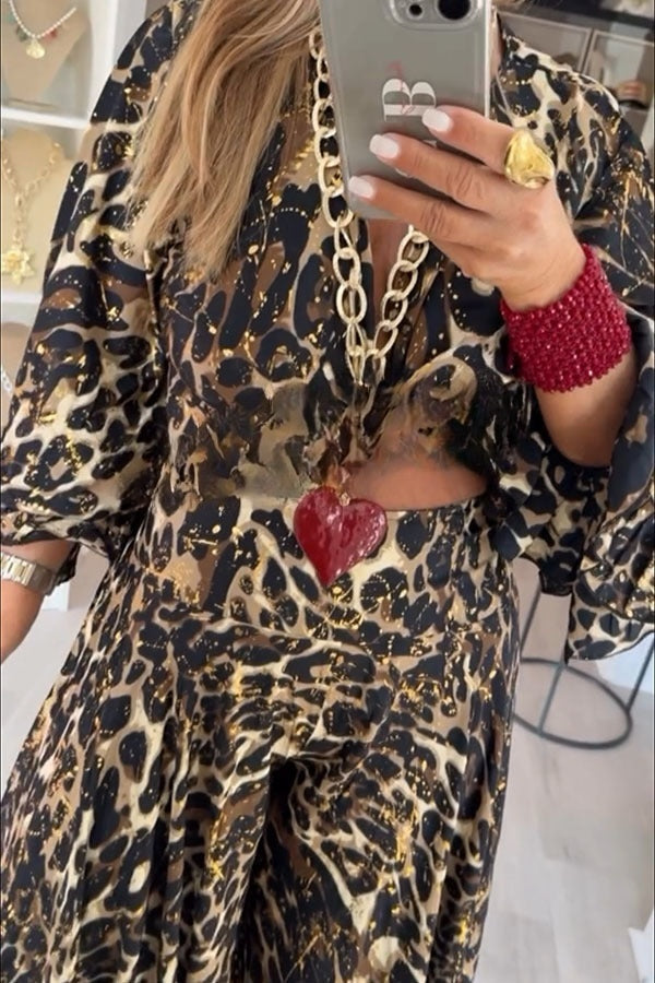 Gold Foil Leopard Print Balloon Sleeve Twist Top and High Rise Elastic Waist Oversized Flare Pants Set