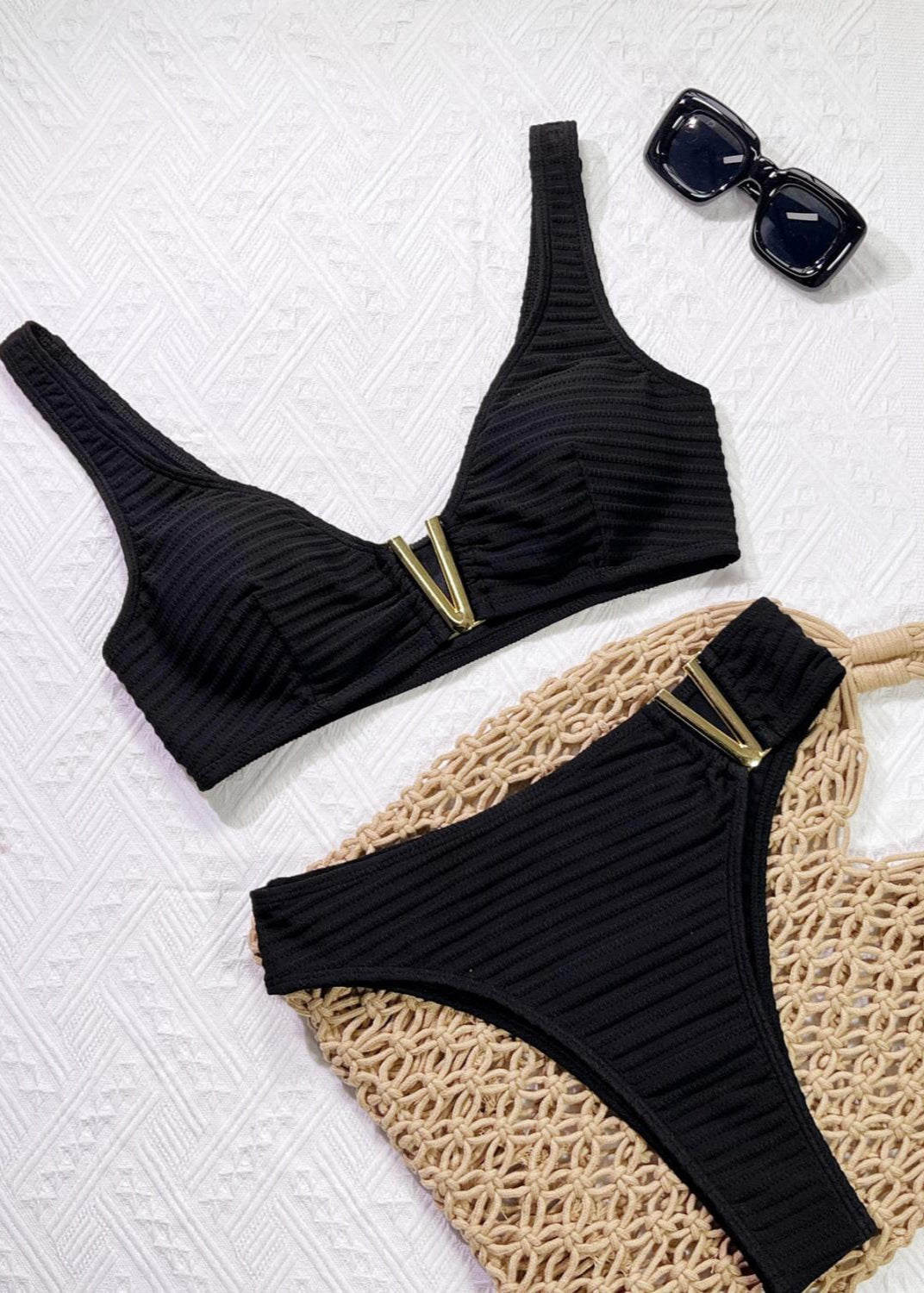Onyx Luxe Ribbed Bikini Set with Gold Accents