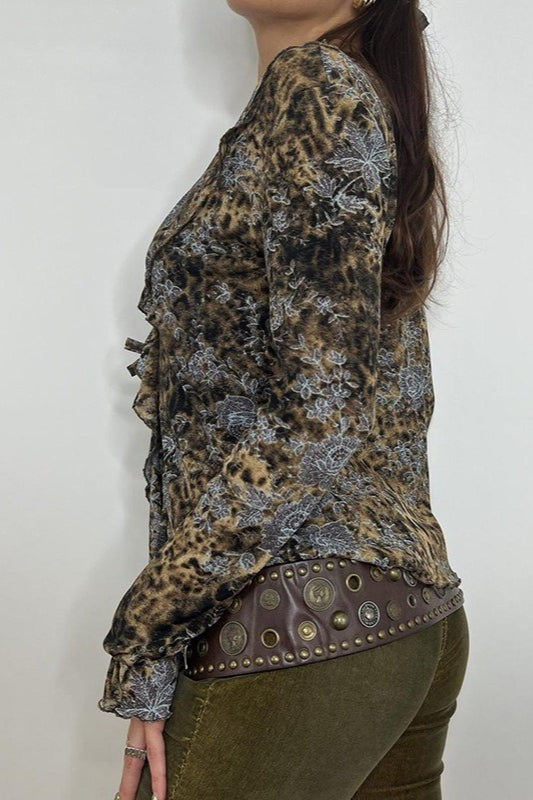 Vintage Animal Print Tie Front Ruffle Blouse