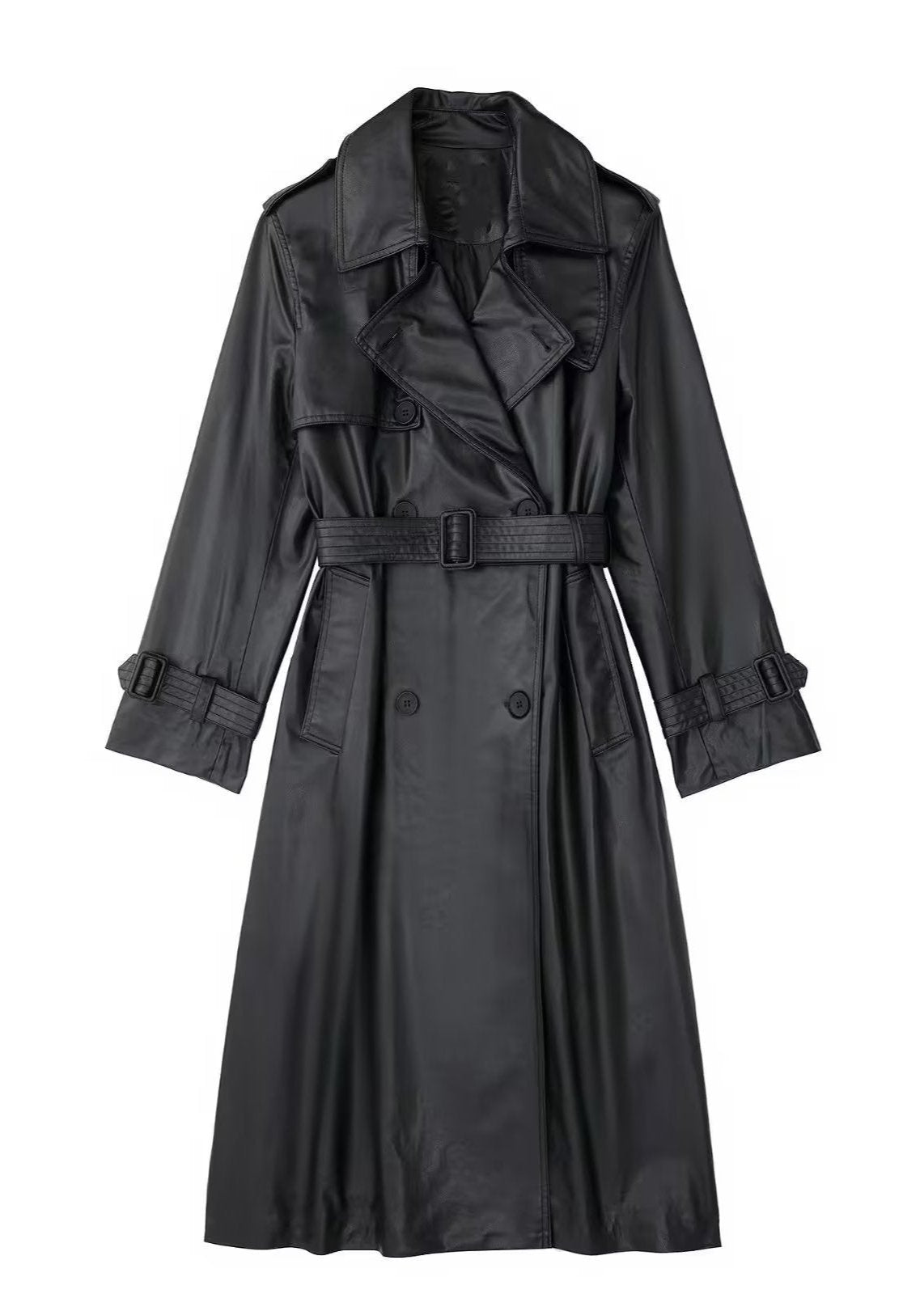 Black Belted Long Leather Wind Coat for Women