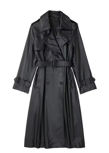 Black Belted Long Leather Wind Coat for Women