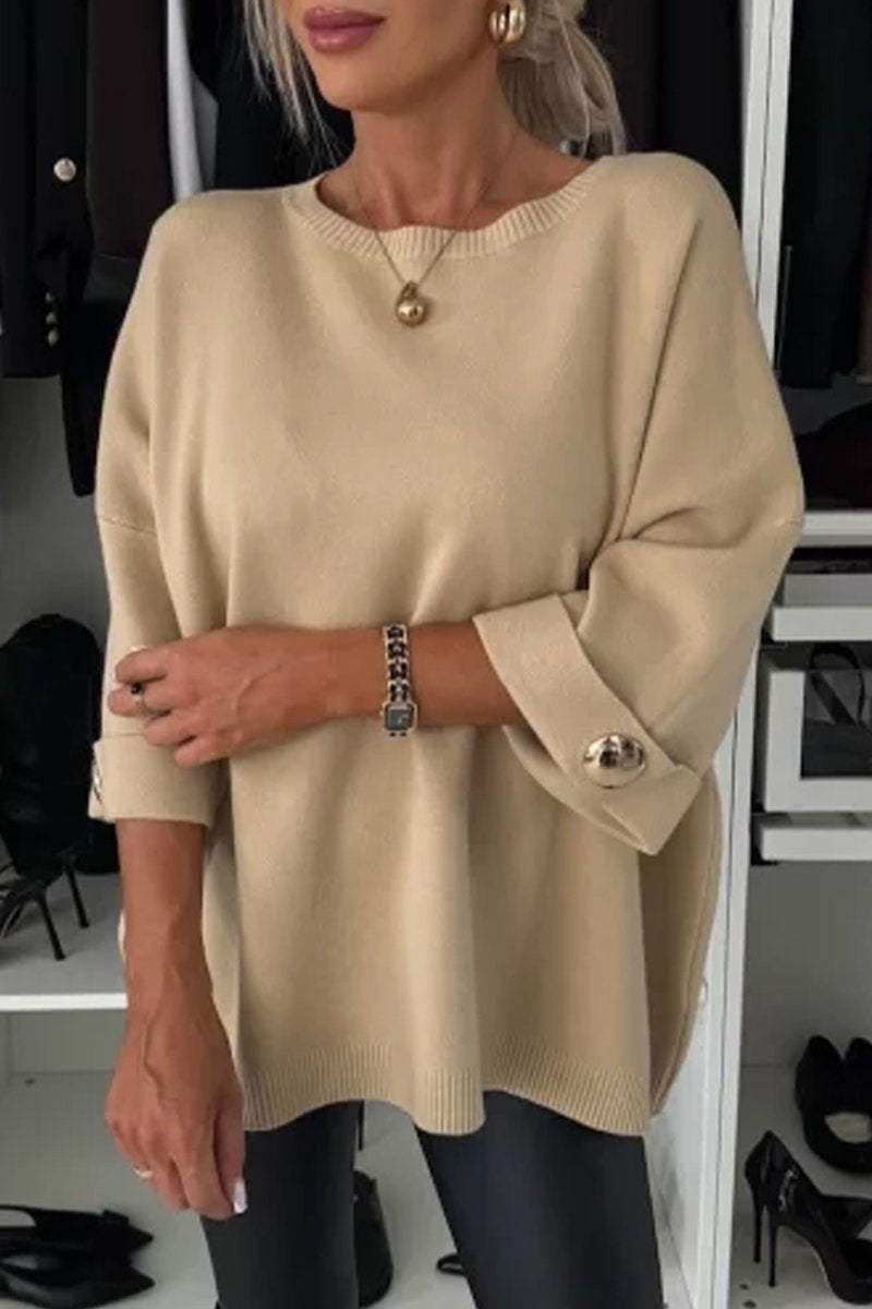 Elegance and Modern Knit Button Detail Half Sleeve Loose Sweater