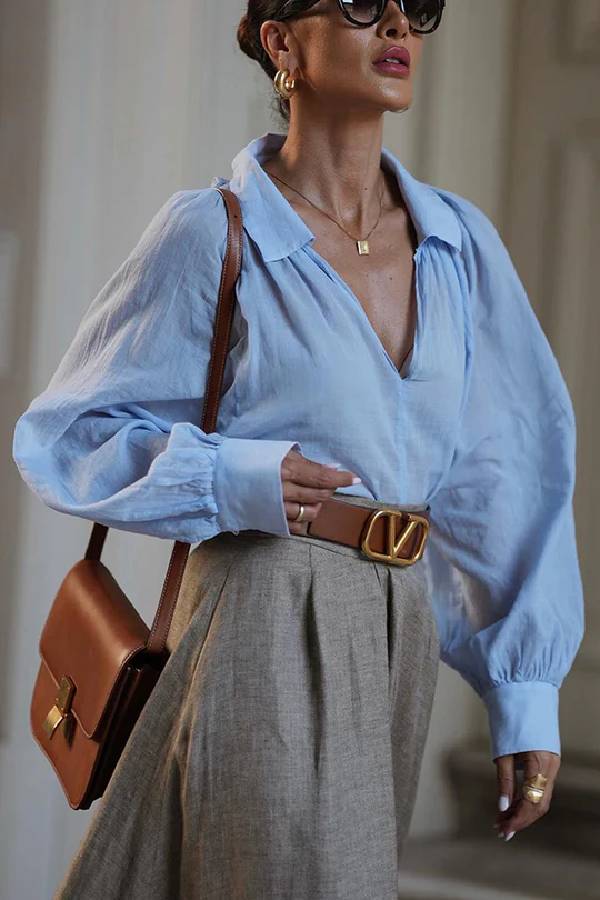 Blusa holgada de mezcla de lino con cuello en V y mangas globo, muy cómoda 
