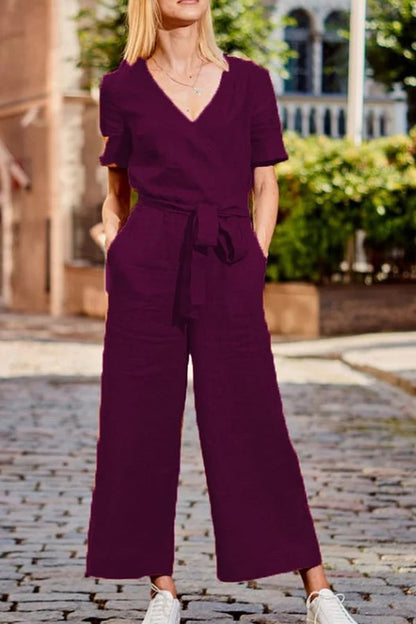 MONO DE MANGA CORTA, COLOR LISO, CON CORDONES Y CUELLO EN V, SUAVE