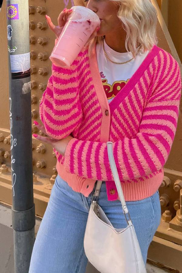 Pink Striped Buttoned V Neck Drop Shoulder Cardigan