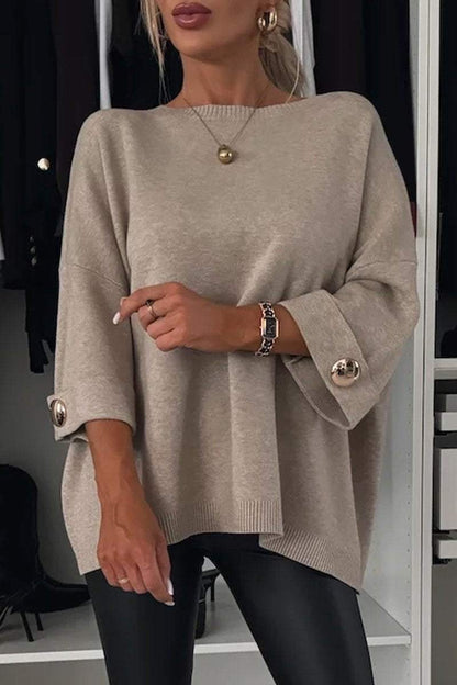 Elegance and Modern Knit Button Detail Half Sleeve Loose Sweater