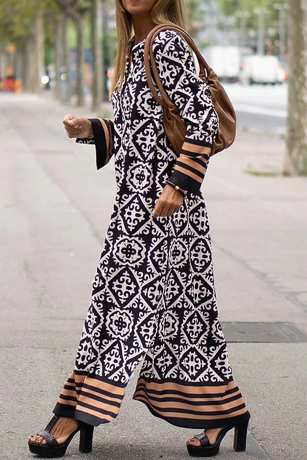 Vestido maxi casual de manga larga con estampado geométrico básicamente perfecto