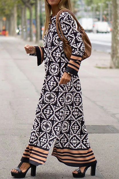 Vestido maxi casual de manga larga con estampado geométrico básicamente perfecto