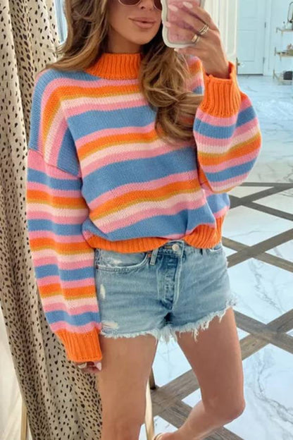 Crewneck Color Block Striped Loose Fit Sweater