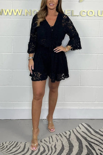 Emilee Lace Tie Neck Bell Sleeve Top and Elastic Waist Loose Shorts Set