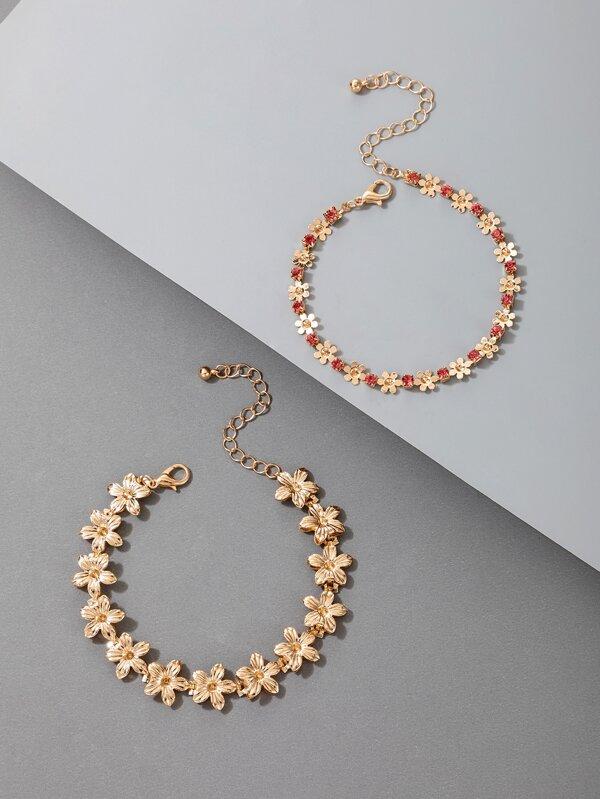 2pcs Rhinestone Flower Decor Bracelet for Women