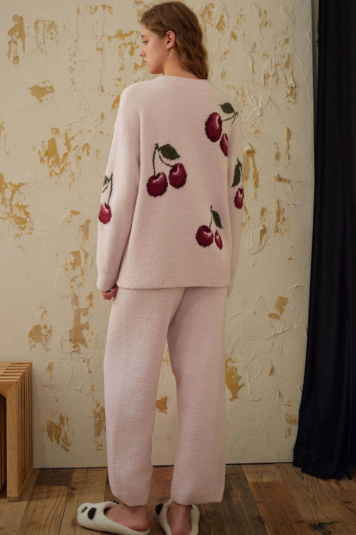 Soft Half Velvet Cherry Cardigan Pajama Set