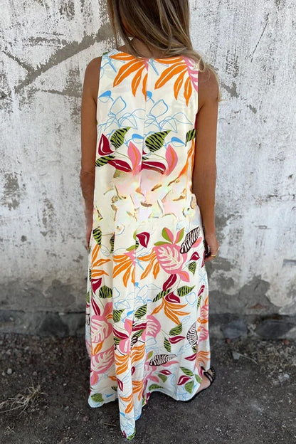 Vestido largo informal holgado con cuello en V y bolsillos y estampado botánico