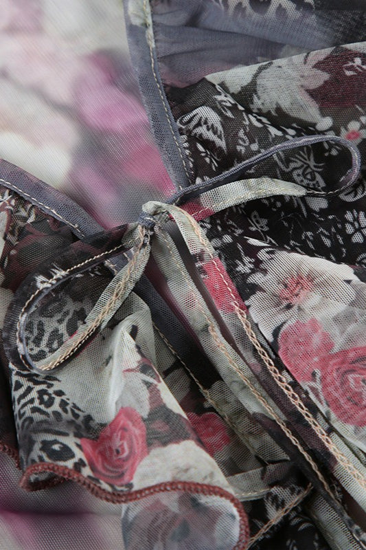 Vintage Print Contrast Mesh Tie Blouse