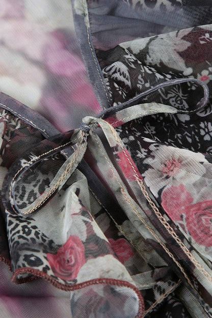 Vintage Print Contrast Mesh Tie Blouse