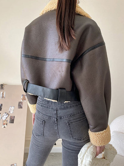 Classic Brown Lambswool Lined Leather Splice Short Jacket