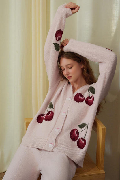 Soft Half Velvet Cherry Cardigan Pajama Set