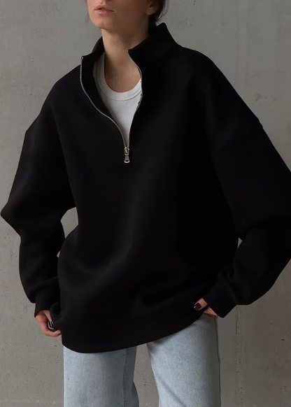 Crimson Chill - Oversized Half-Zip Sweatshirt with High Collar