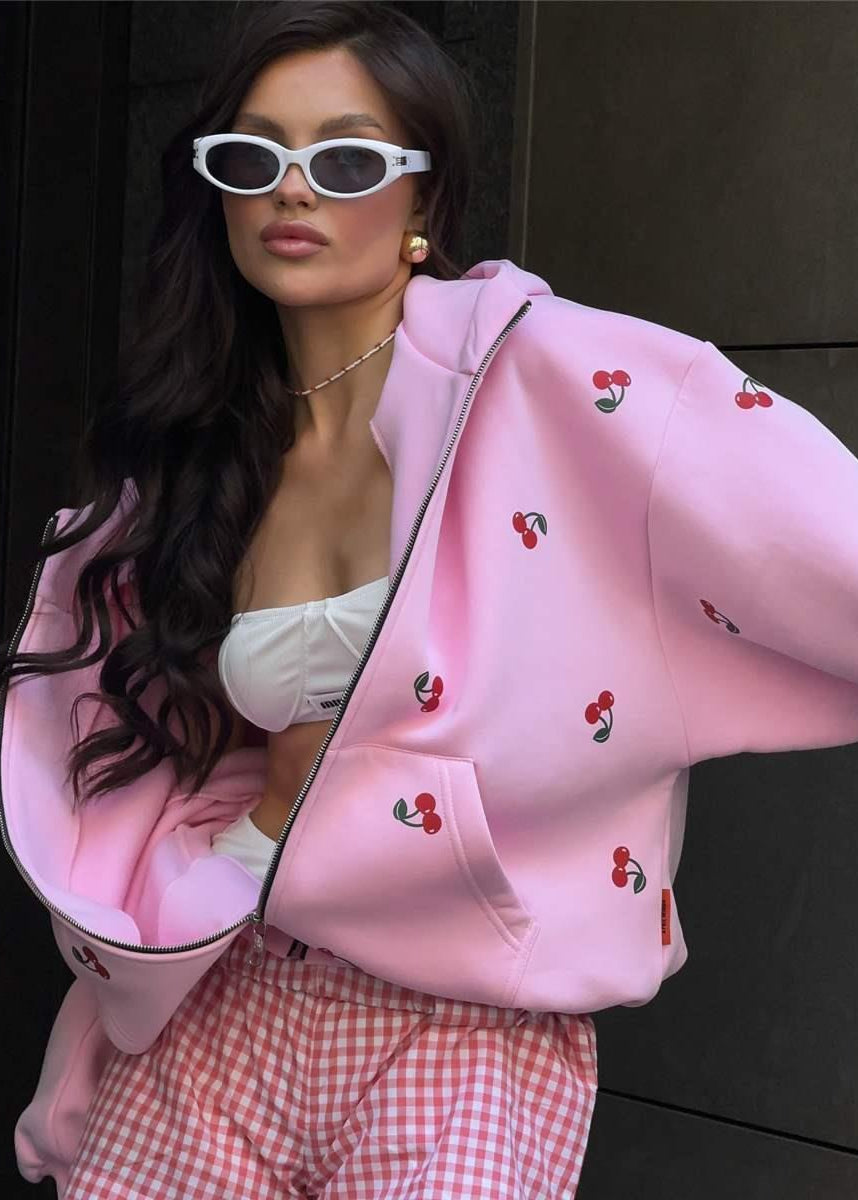 Cherry Mood - Oversized Zip-Up Hoodie with Puff Sleeves