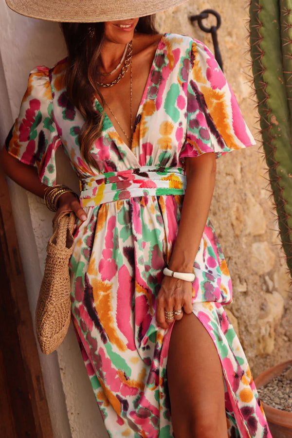 Vestido largo bohemio con cuello en V y estampado tie-dye