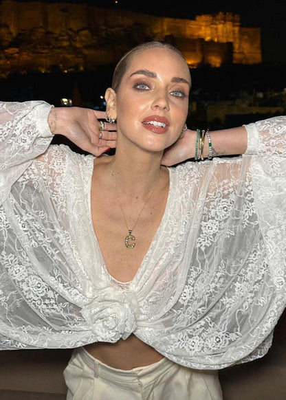 Celestia - Sheer Lace Cropped Blouse with Floral Front Tie