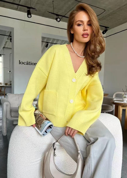 Bright Yellow Oversized Cardigan - Women’s V-Neck Knit Sweater