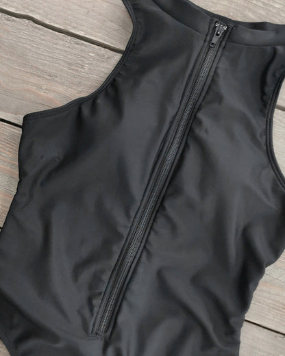 Solid Color Zipper Sleeveless Surfing One-Piece Swimsuit